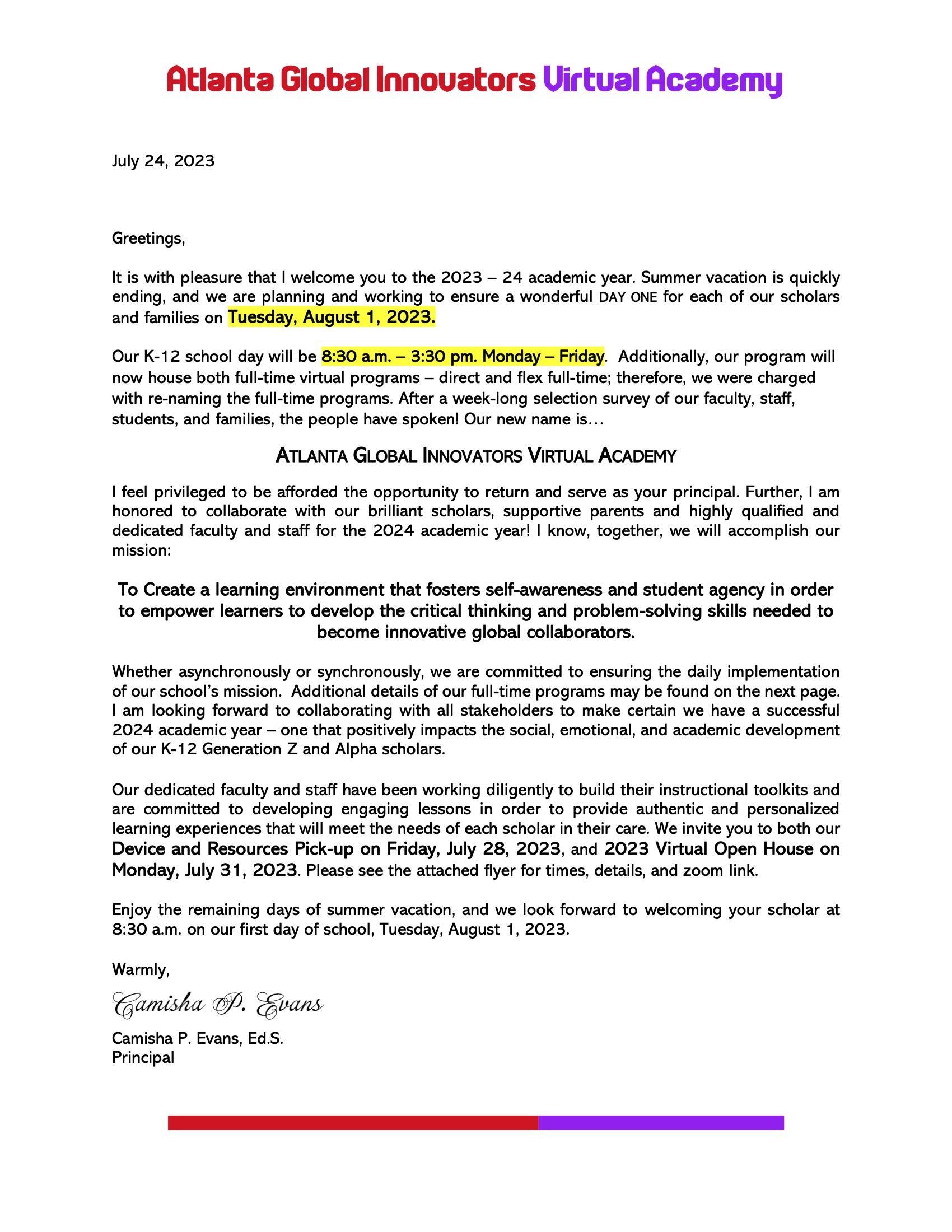 Welcome Back Letter 23